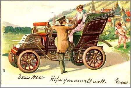 /images/imgs/greetings/st-valentine/valentine-0048.jpg - Old Car, Valet, Lady and Cupid 1907
