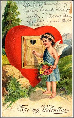 /images/imgs/greetings/st-valentine/valentine-0049.jpg - Cupid knocking at Heart's Door 1910